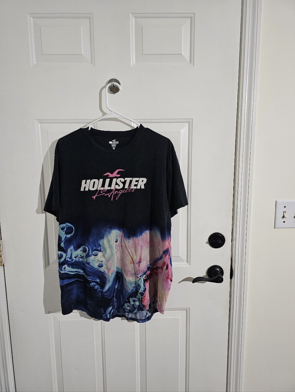 Hollister Black Graphic Tee with Pink and Blue Tie-Dye Hem